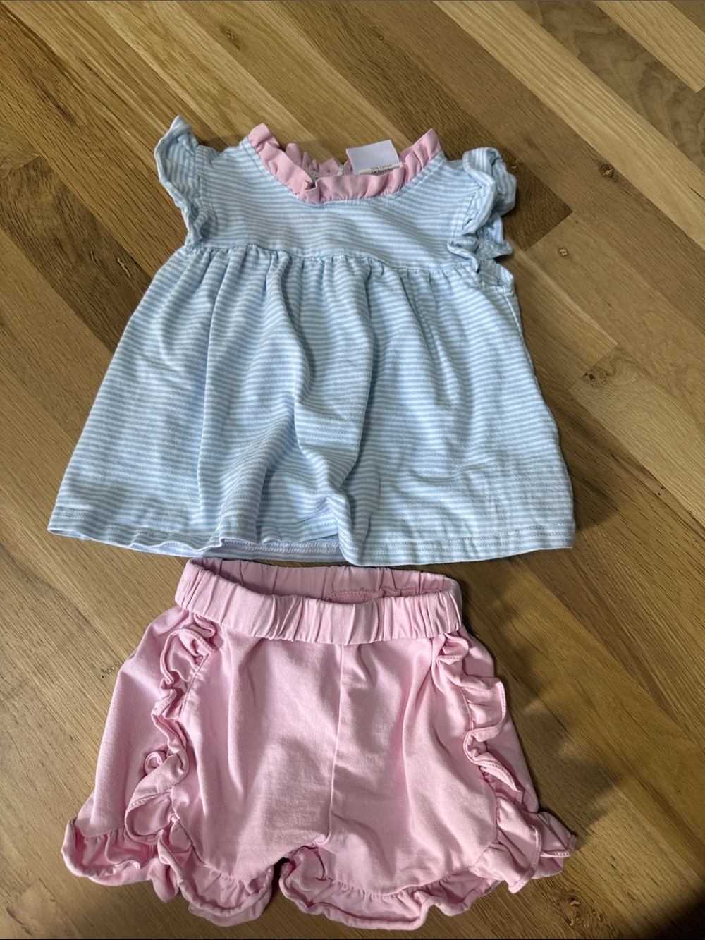 Light Blue Stripe Top & Pink Ruffle Shorts Kids Set
